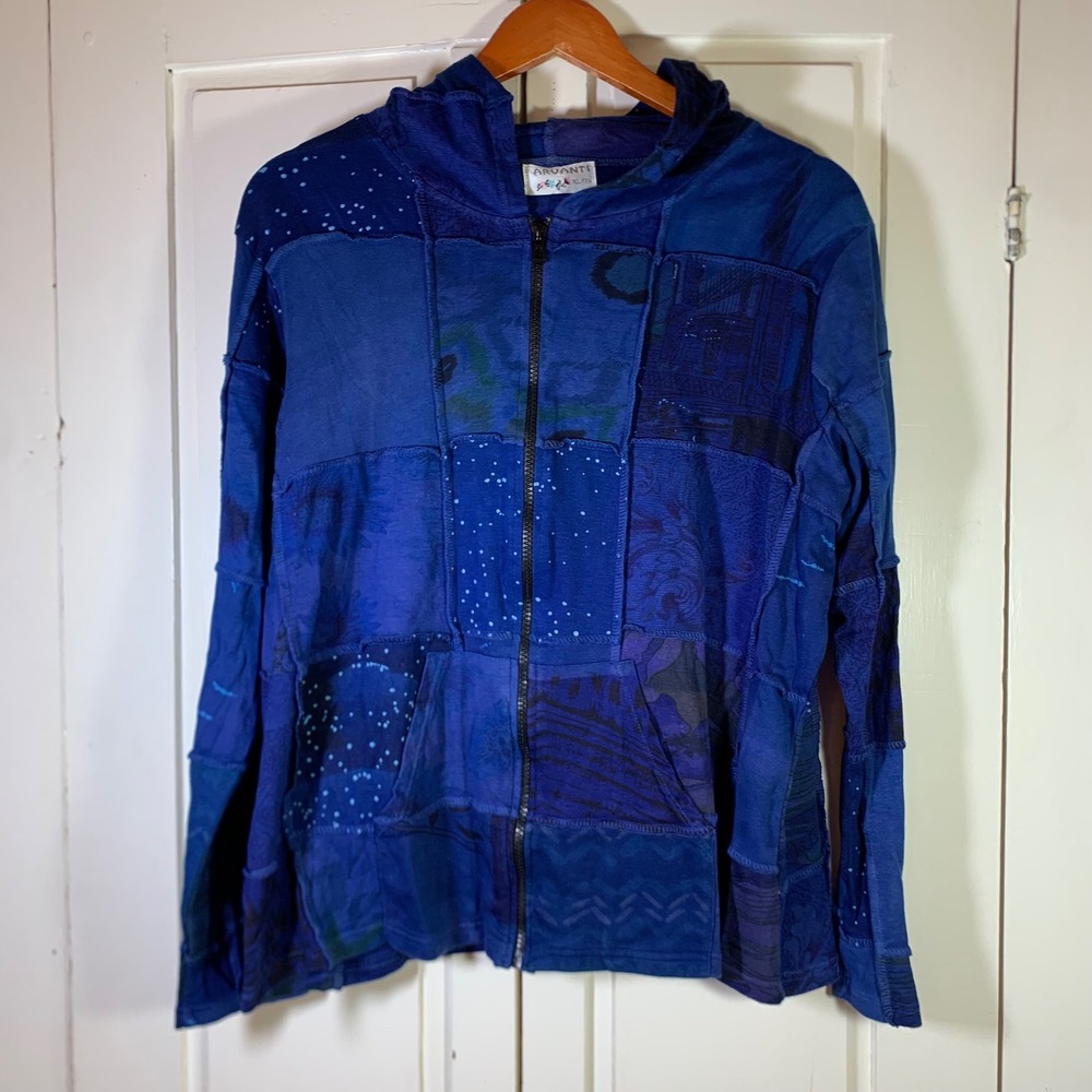 Arvanti Womens XL Blue Patchwork Zip Up Hoodie Cotton Boho Mixed Print Jacket